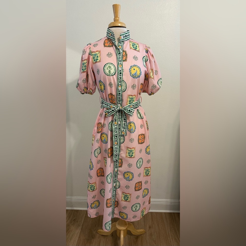 Sunday Up Pink and Green Patterned Midi Dress with pockets